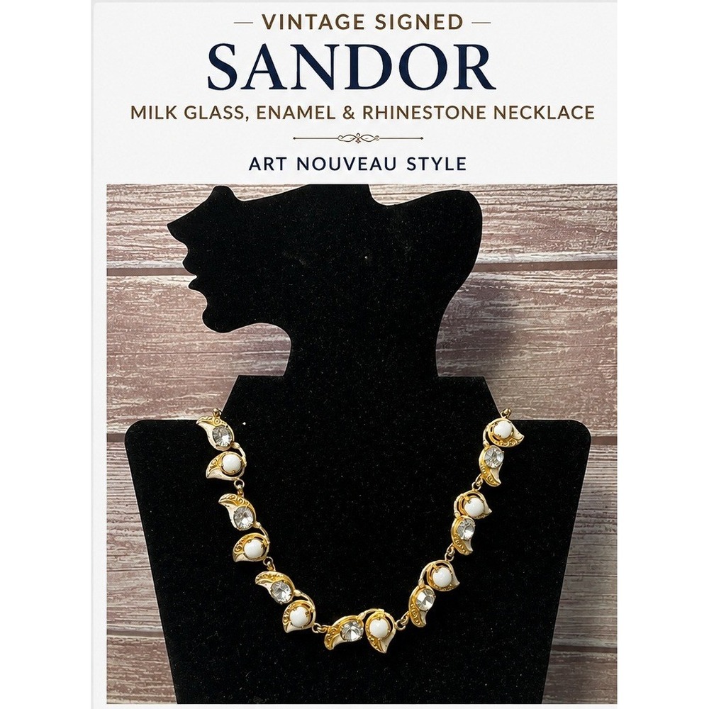 Sandor Vintage Art Nouveau Milk Glass Enamel Rhinestone Gold Tone Necklace